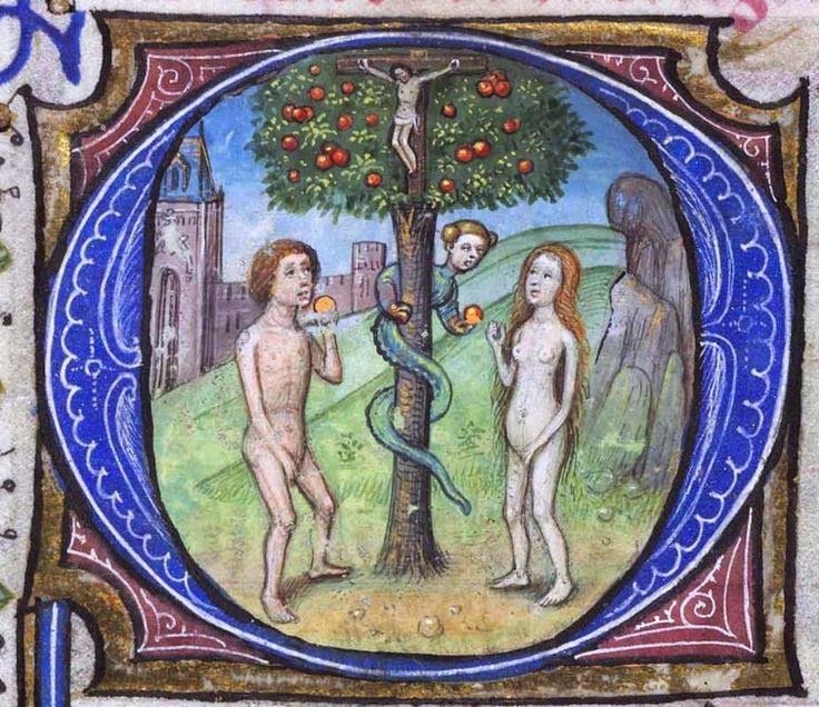 Biblioteca Digital Hispánica. Libro de horas de Leonor de la Vega (15th century). The snake tempts Eve.