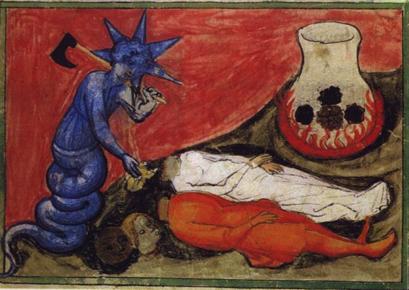 ürich, Zentralbibliothek, ms. Rh. 172, fol. 27v. Aurora consurgens (ca 1420-30). Mercury in the form of a serpent decapitating the Sun and the Moon. Gold and silver flowers in a vessel on the fire.