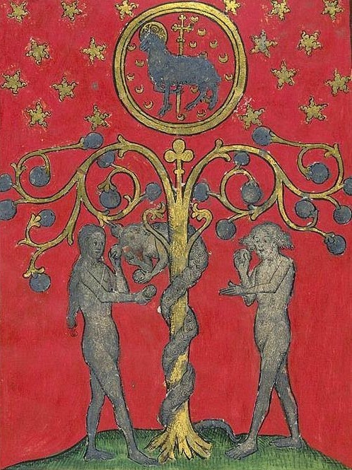 The Temptation of Adam and Eve. 1430s. Harley 2278 f. 1v